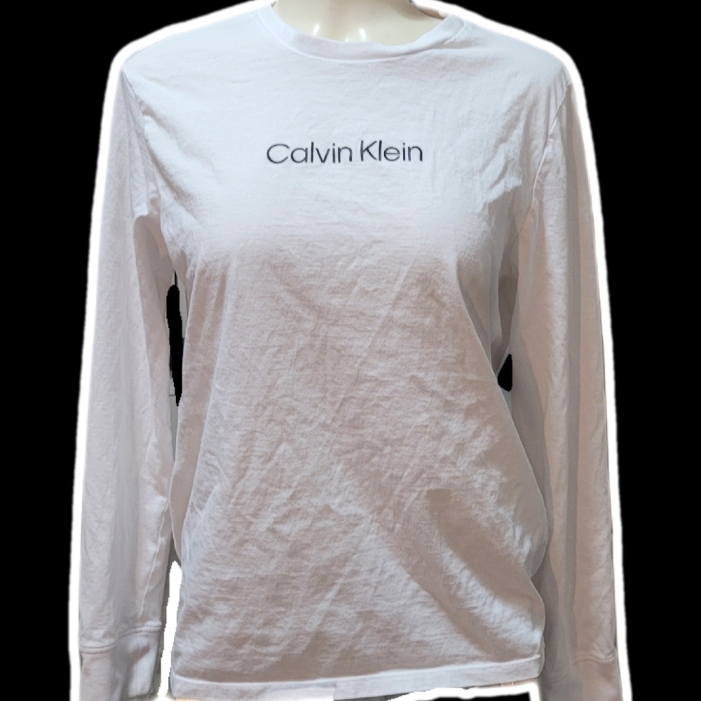 calvin klein white long sleeve logo tee  .ೀ